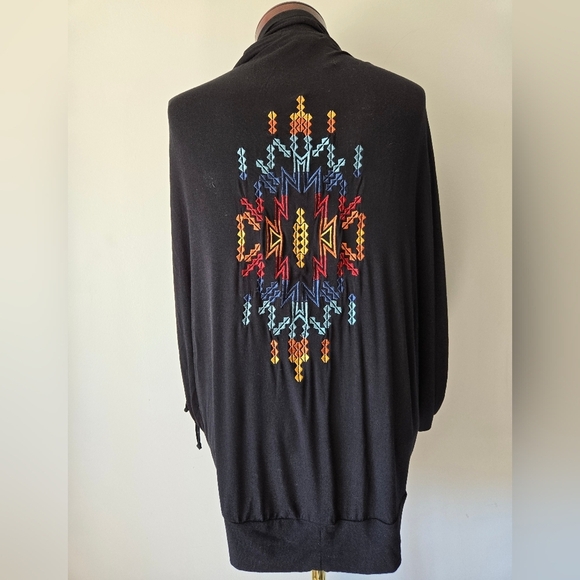 ROCK & ROLL COWGIRL Black Open Front Sweater with Colorful Embroidery Back.Small - Picture 6 of 13